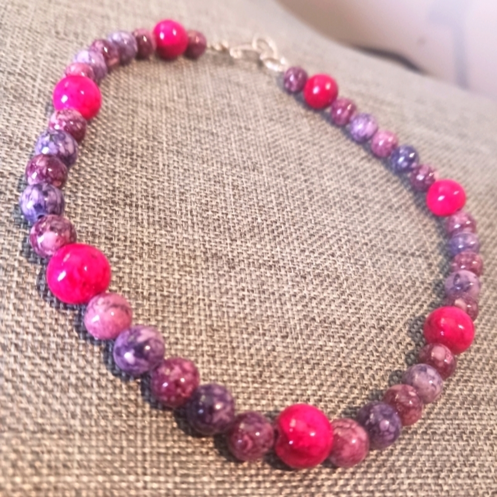 Handmade Beaded Anklet Red and Purple Dyed Stones - New Item (11")